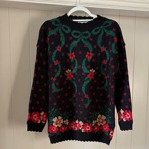 Floral Holiday Patterned Black Sweater